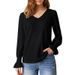 Women's V-Neck Long Sleeve Ruffle Detail T-Shirt - Soft Stretch Polyester Blend Casual Top For Work & Daily Wear_ecoleips.com