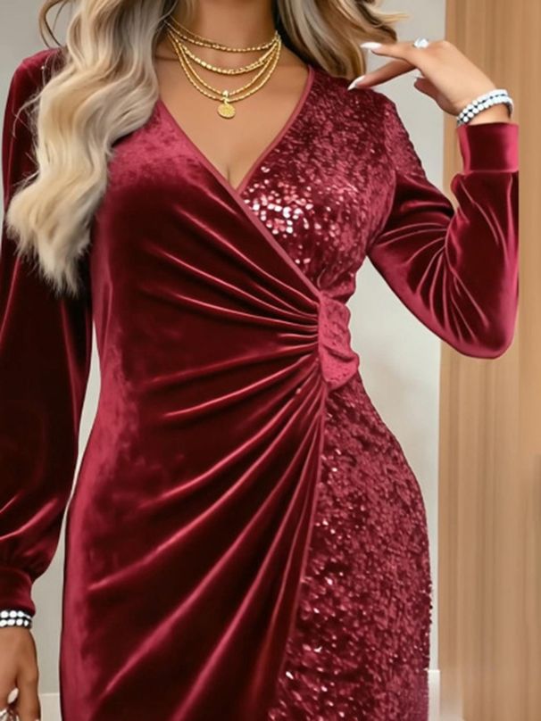 Casual Long Sleeve Slim Shiny Short Dress Sexy V-neck Draped Design Club Party Dress Women Fashion Hight Waist Solid Mini Dress_ecoleips.com