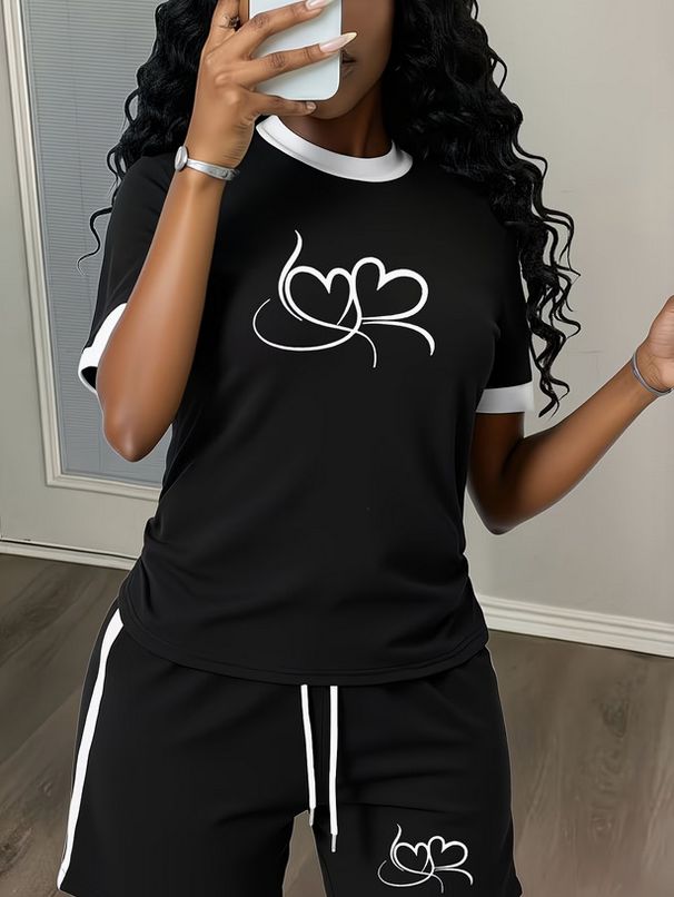 Women's Personalized Double Heart Print Short Sleeve T-Shirt And Drawstring Shorts Set Short Length Fashion Casual Outfit_ecoleips.com