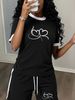 Women's Personalized Double Heart Print Short Sleeve T-Shirt And Drawstring Shorts Set Short Length Fashion Casual Outfit_ecoleips.com
