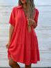 Women's Loose Solid Color Lapel Casual Dress Short Sleeve Cotton Linen Blend_ecoleips.com