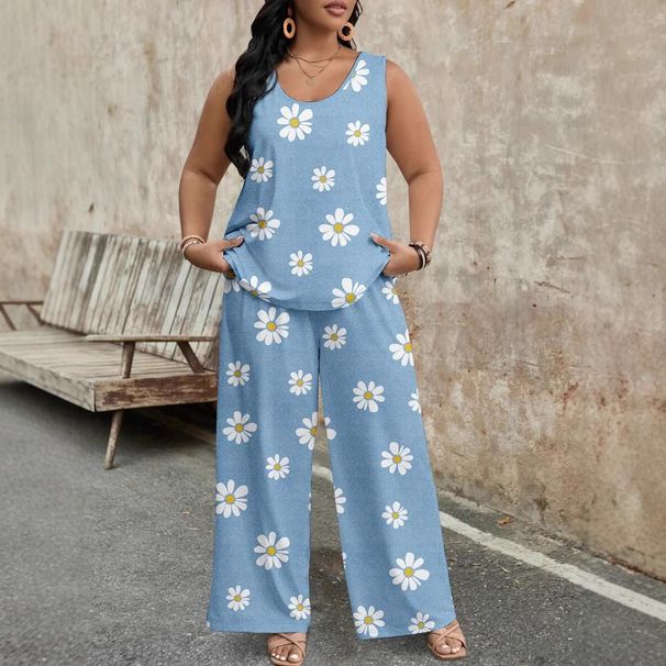 Women's Daisy Sequin Stripe Feather Print Sleeveless Top And Wide Leg Pants Set Fashionable Casual Trendy Spring/Summer Outfit_ecoleips.com