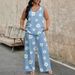Women's Daisy Sequin Stripe Feather Print Sleeveless Top And Wide Leg Pants Set Fashionable Casual Trendy Spring/Summer Outfit_ecoleips.com