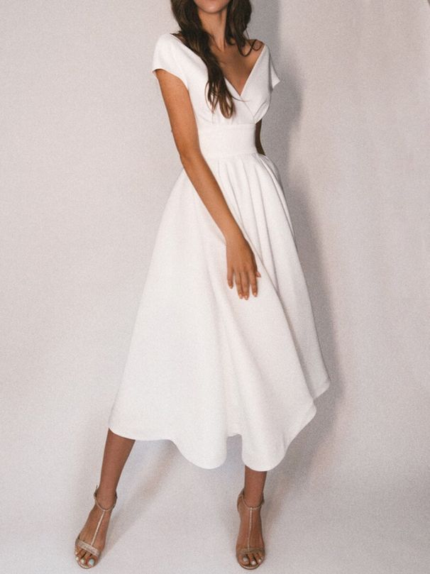 Women's Clothing Spring And Summer Pure White Short Sleeved V Neck Tube Top Swing Dress_ecoleips.com