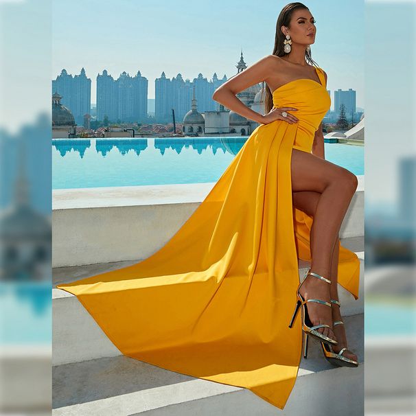 Women's Clothing Summer Skirt Women's Fashion Sexy One Shoulder One Shoulder Collar Prom Party Slit Evening Dress Dress_ecoleips.com