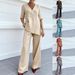 Spring Summer Women's Casual Cotton Linen Top Set Solid Color mid Sleeve V Neck Fashionable_ecoleips.com