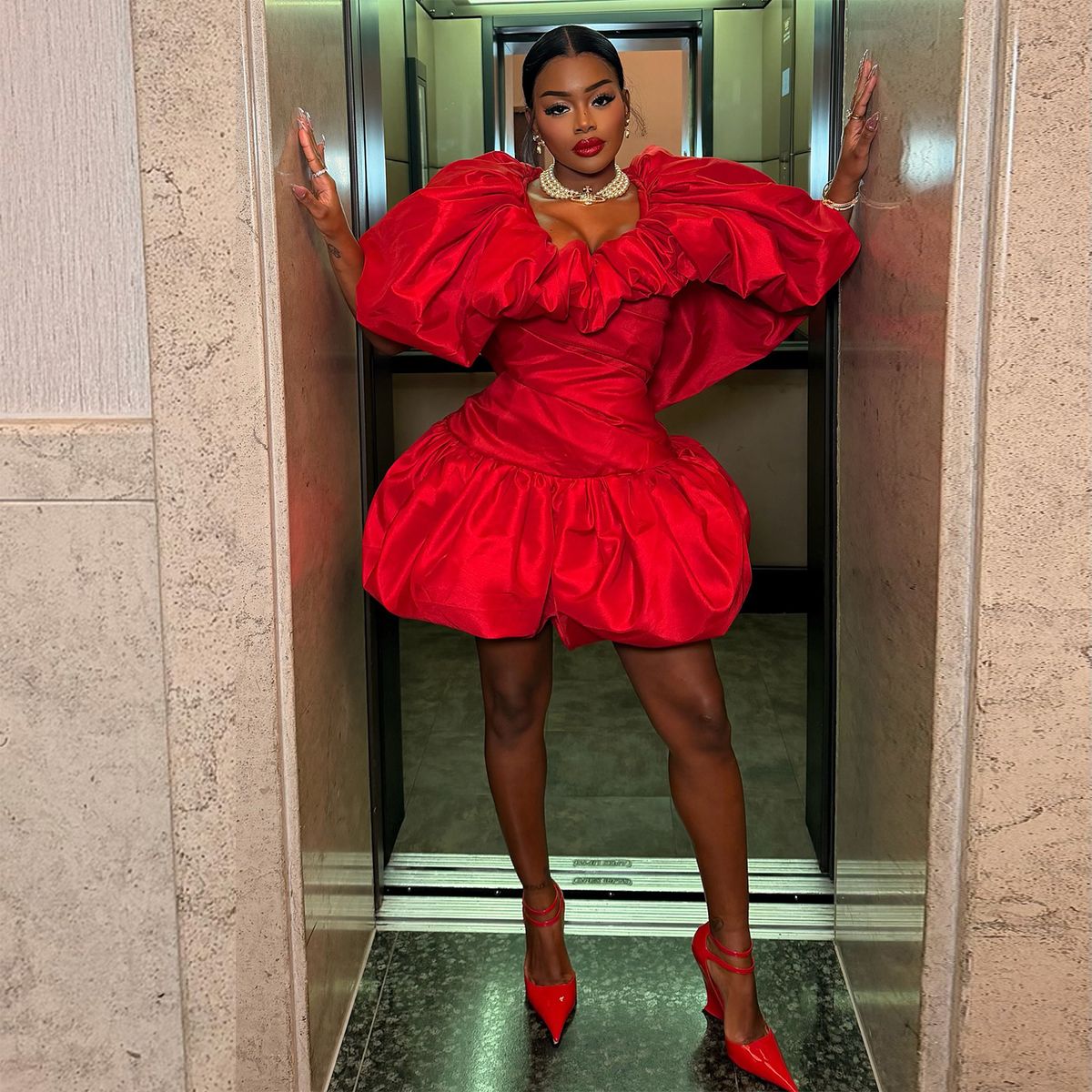 Summer New Red Flower Tulip Dress Waist Cinching African Banquet Short Skirt For Women Elegant_ecoleips.com