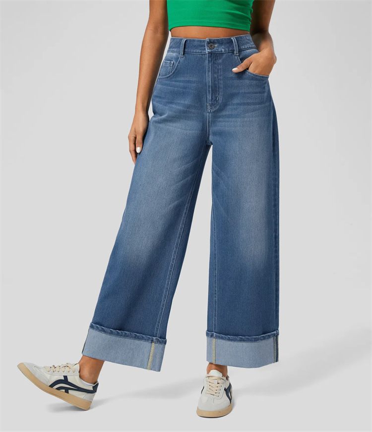 2025 Spring New European and American Cross border Fashion High waist Trousers Hem Straight Jeans Women's Casual Wide leg Pants_ecoleips.com