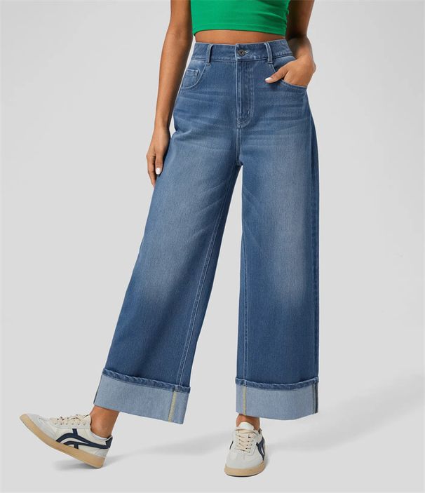 2025 Spring New European and American Cross border Fashion High waist Trousers Hem Straight Jeans Women's Casual Wide leg Pants_ecoleips.com