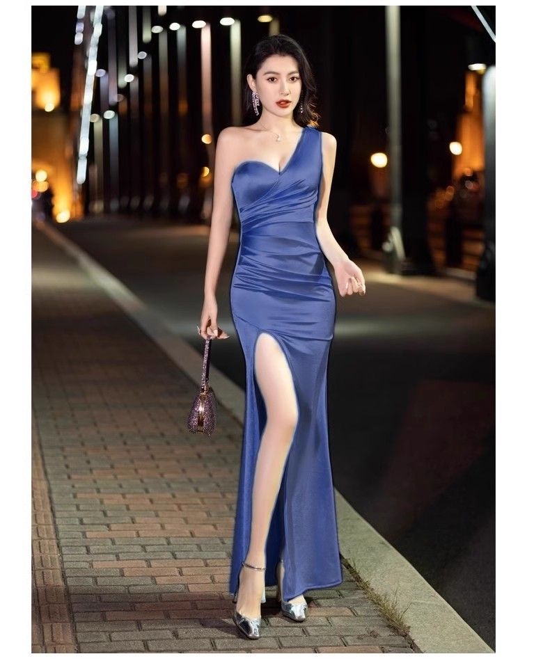 Women's Clothing One Shoulder Evening Dress Slim Nightclub Work Clothes Spa Technician Nightclub Sexy Slit Dress Fishtail Long_ecoleips.com