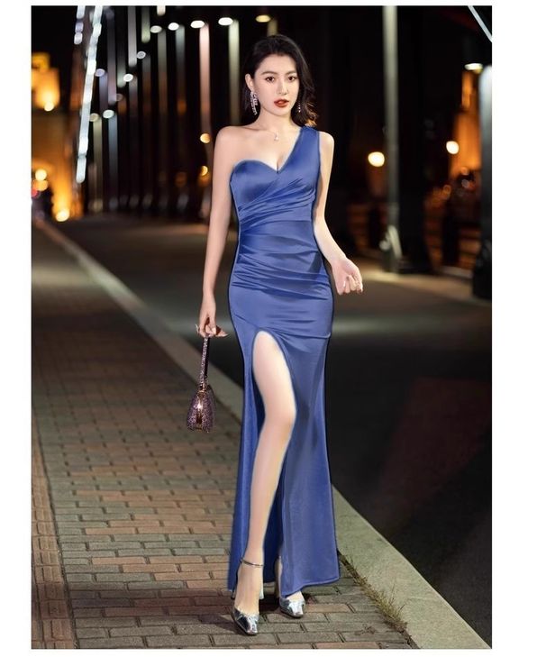 Women's Clothing One Shoulder Evening Dress Slim Nightclub Work Clothes Spa Technician Nightclub Sexy Slit Dress Fishtail Long_ecoleips.com
