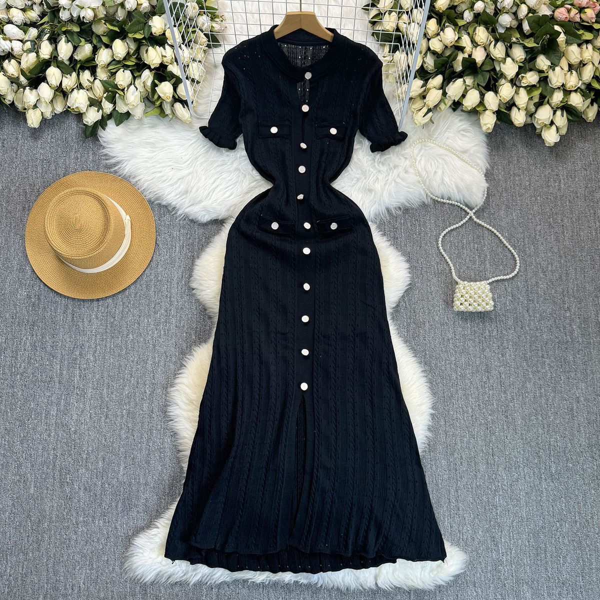 Women's Clothing Hollow Fungus Lace Sleeve Button Decoration Slim Fit Knitted Dress Fashion_ecoleips.com