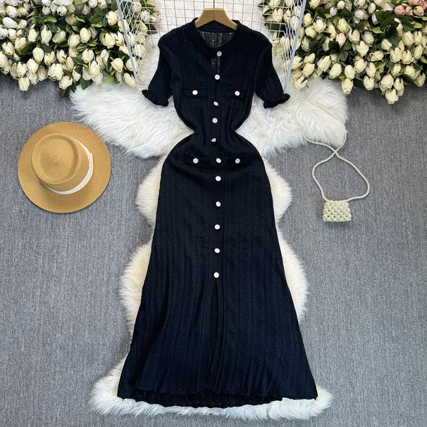 Women's Clothing Hollow Fungus Lace Sleeve Button Decoration Slim Fit Knitted Dress Fashion_ecoleips.com