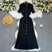 Women's Clothing Hollow Fungus Lace Sleeve Button Decoration Slim Fit Knitted Dress Fashion_ecoleips.com