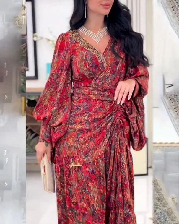 Women's Clothing Spring And Summer Long Skirt Patchwork Waist Skirt V Neck Printed Belt Dress_ecoleips.com