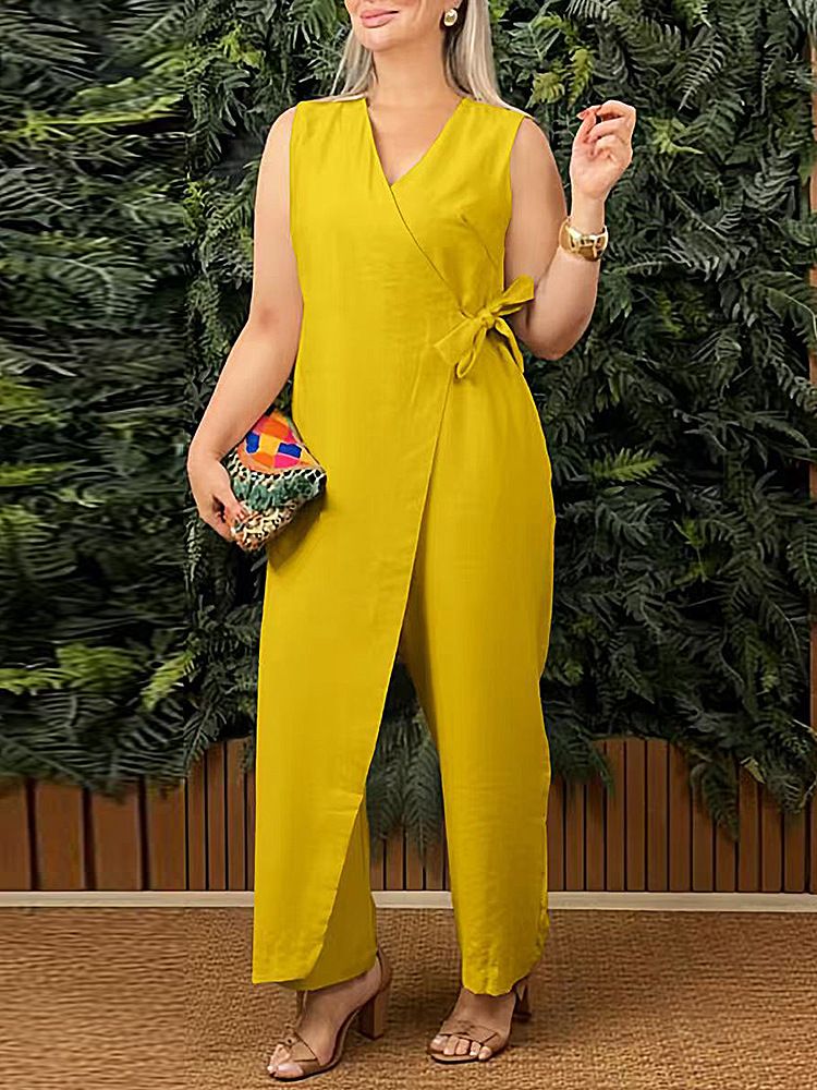 Women's Clothing Summer Solid Color Loose Casual Straps Ladies Jumpsuit V Neck_ecoleips.com