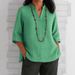Women's Clothing V Neck Three Quarter Sleeve Cotton And Linen Loose Casual Shirt_ecoleips.com