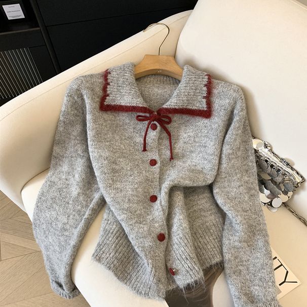 Women's Color Block Knit Cardigan Sweater With Lapel And Tie Detail Sophisticated Sweet Style New Design_ecoleips.com