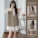Autumn New Korean Fashion Khaki Vest Two-Piece Maternity Dress_ecoleips.com