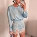 Elegant Round Neck Lace Trim Asymmetrical Long Sleeve T-Shirt For Women – Breathable Polyester Blend, Office & Casual Wear (Blue/White, S-2xl)_ecoleips.com