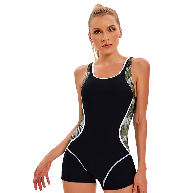 Women's Color-Block Sporty One-Piece Swimsuit Conservative Backless Quick-Dry Surfing Suit with UPF Protection_ecoleips.com