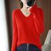 K V-neck Loose Knit Sweater For Women's New Style, Versatile Sweater For Outerwear, Solid Color Long Sleeved Thin Style, Stylish Top_ecoleips.com