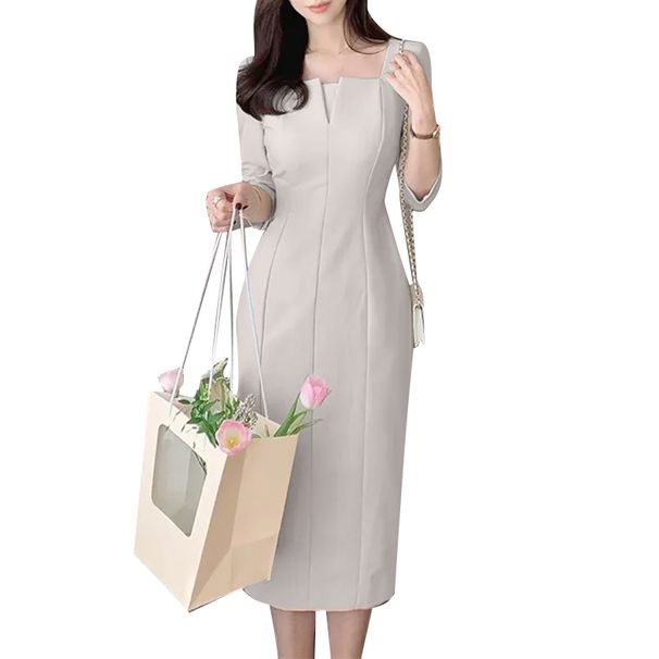 ZANZEA Elegant Women Slim Knee-length Dress Fashion Square Neck 3/4 Sleeve Seamed Party Vestidos Casual Commute Solid Short Robe_ecoleips.com