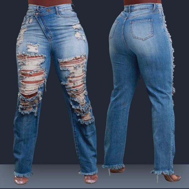 "Tassel-Trim Straight Leg Jeans - Elastic Waist Winter Denim Pants For Women (Blue/Dark Blue, S-XXL)"_ecoleips.com