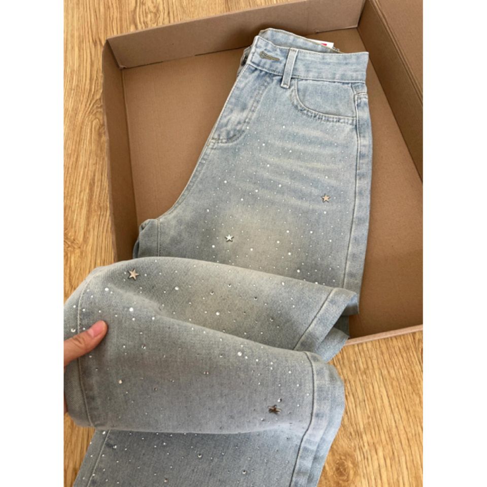 Light Blue Hot-Selling Rhinestone Straight-Leg Jeans For Women 2025 Autumn New Design High-Waisted Slimming Wide-Leg_ecoleips.com