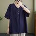 Flesh-Covering Half-Button Design For Women, Artistic Vintage Loose Casual Commuter Temperament Short-Sleeve V-Neck Top_ecoleips.com