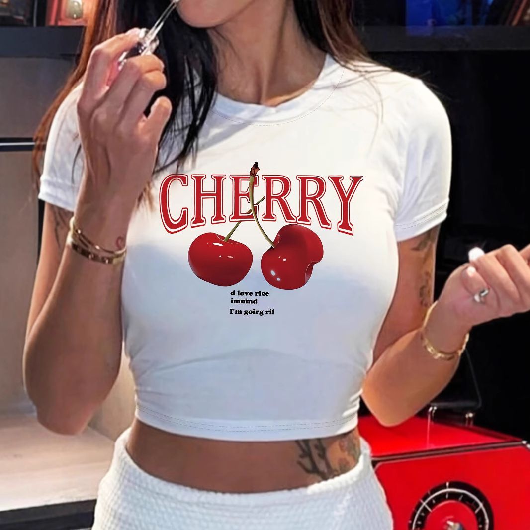 Sweet Cherry Print Cropped T-Shirt Trendy Letter Embellishments Available In Multiple Colors Youthful And Energetic Women's Top_ecoleips.com