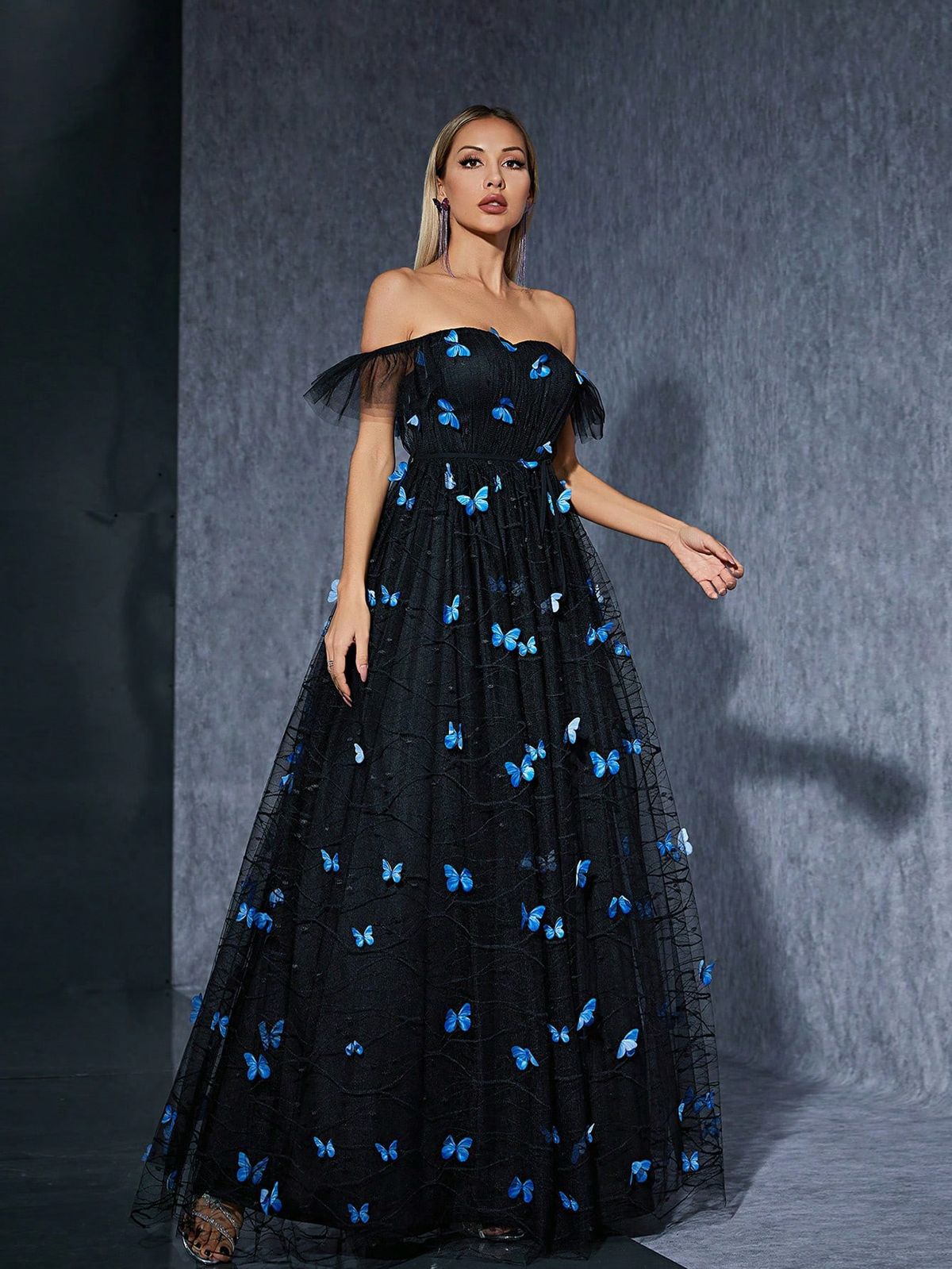 Women's Clothing New Style Butterfly Embroidery Mesh Niche Banquet Party Evening Dress_ecoleips.com