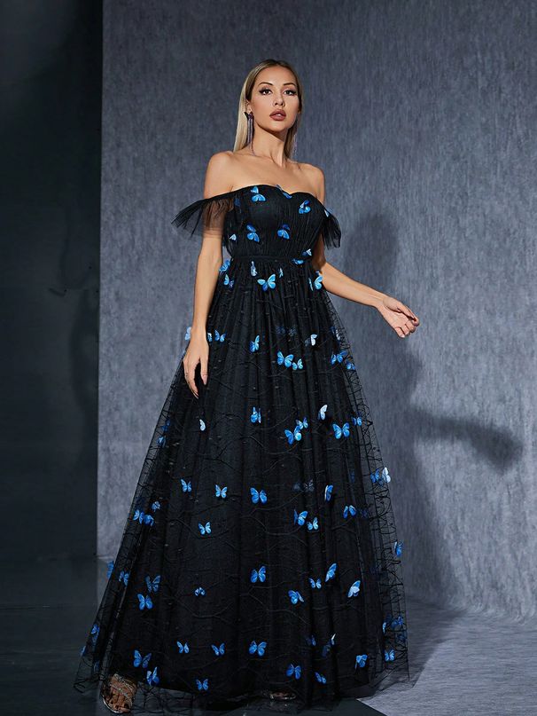 Women's Clothing New Style Butterfly Embroidery Mesh Niche Banquet Party Evening Dress_ecoleips.com