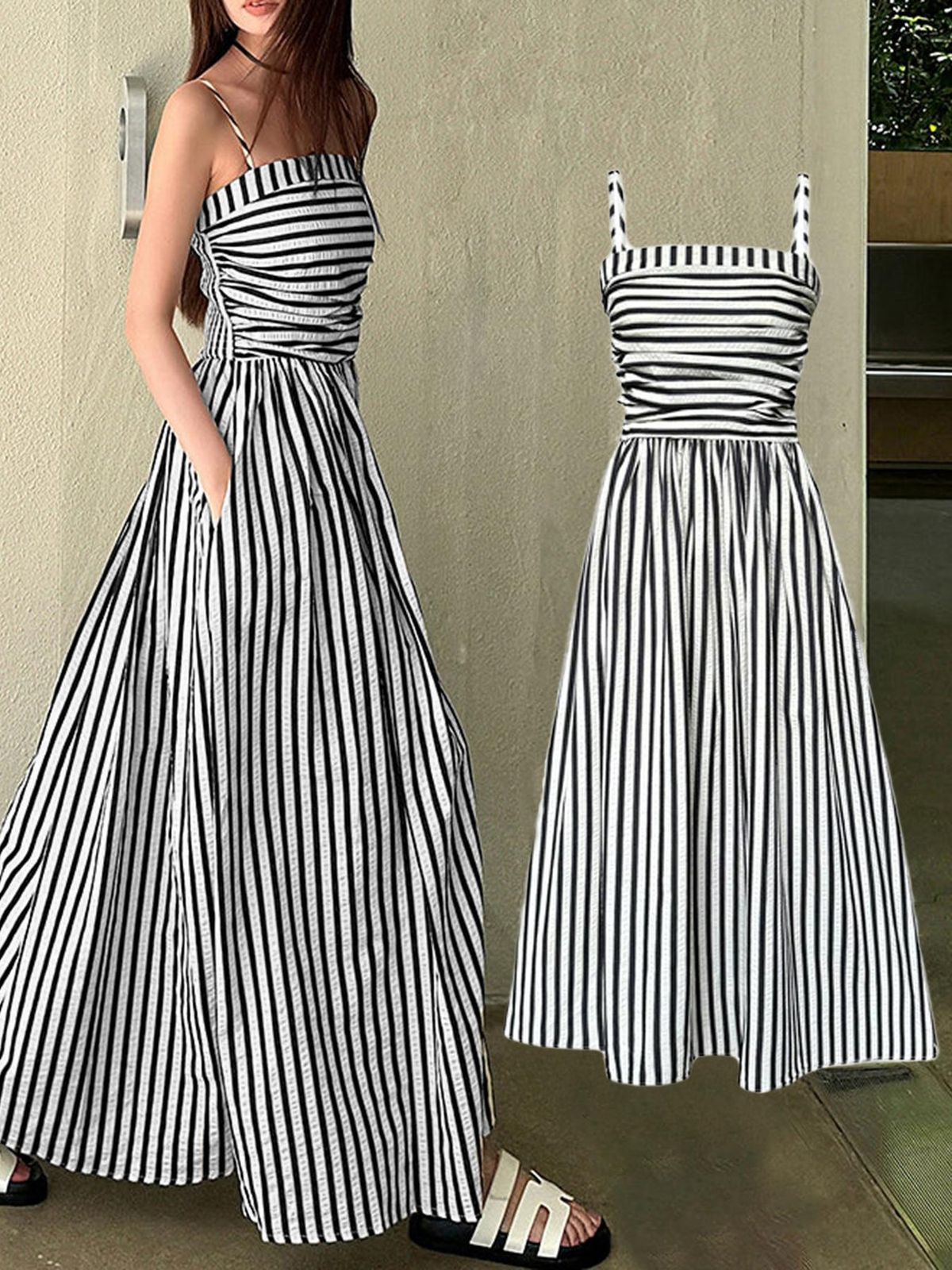 Summer Striped Halter Dress For Women Elegant Off Shoulder Strapless Long Dress Waist Cinching_ecoleips.com