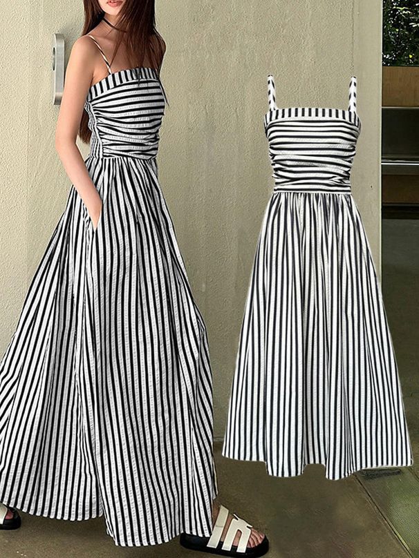 Summer Striped Halter Dress For Women Elegant Off Shoulder Strapless Long Dress Waist Cinching_ecoleips.com