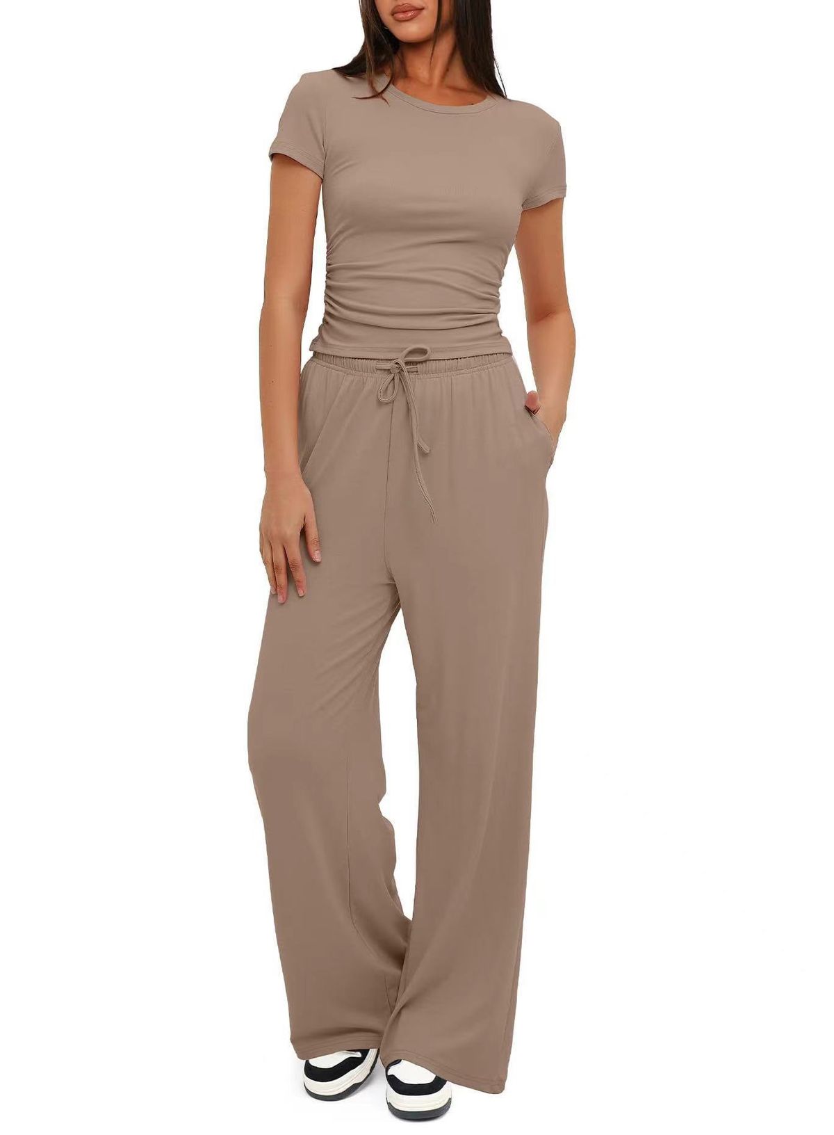 Women's Solid Color Casual Suit Pleated Short Sleeve Top And High Waisted Wide Leg Pants Sportswear Set Relaxed Everyday Wear Comfortable Feshion_ecoleips.com