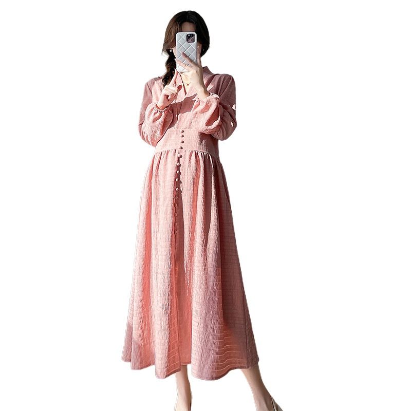 New Korean Fashion Pink Long Sleeve Maternity Dress_ecoleips.com