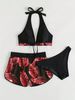 Aria Basics Popular Swimwear, New European And American Style Leaf Print, Two-piece Swimsuit With Shorts, Three-piece Bikini Set_ecoleips.com
