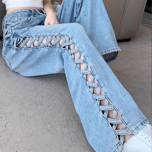 Women's Clothing Hollow Wide Leg Jeans For Women Spring And Summer Design Slim And Versatile Thin High Waisted Floor Length Trousers_ecoleips.com