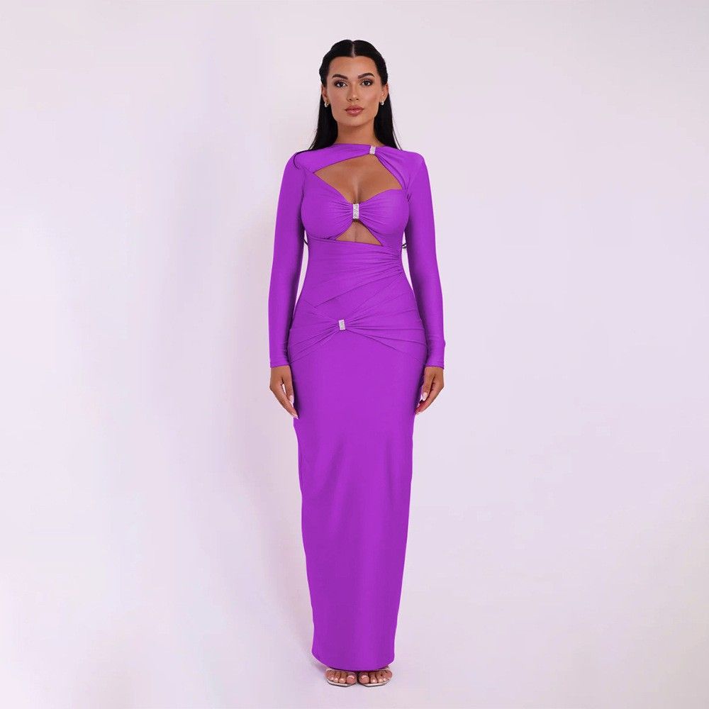 Women's Clothing Ins Style Round Neck Long Sleeved Dress Sexy Fashion Slim Hollow Solid Color Long Skirt_ecoleips.com