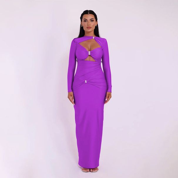 Women's Clothing Ins Style Round Neck Long Sleeved Dress Sexy Fashion Slim Hollow Solid Color Long Skirt_ecoleips.com