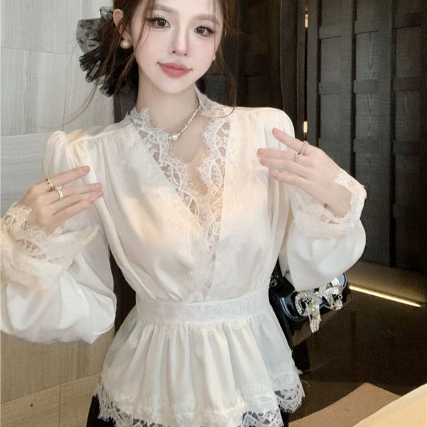 Gentle And Sweet Lace Waist-cinching Shirt For Women, Elegant Deep V Design, Please Refrain From Purchasing If You Mind_ecoleips.com