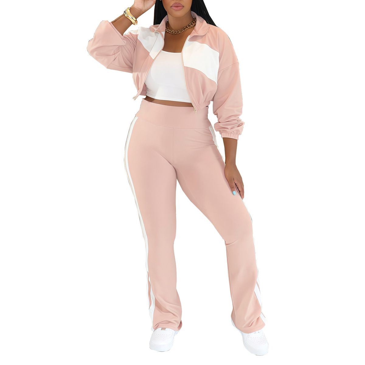 Women's Zip-Up Track Jacket & Jogger Pants Set - Stylish Color-Block Design, Breathable Polyester Blend, Casual & Workout Outfit_ecoleips.com