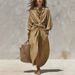 Women's Solid Color Shirt Collar Button Front Casual Dress With Pockets, 3/4 Sleeve Open Front Cardigan Midi Dress For Everyday Wear_ecoleips.com