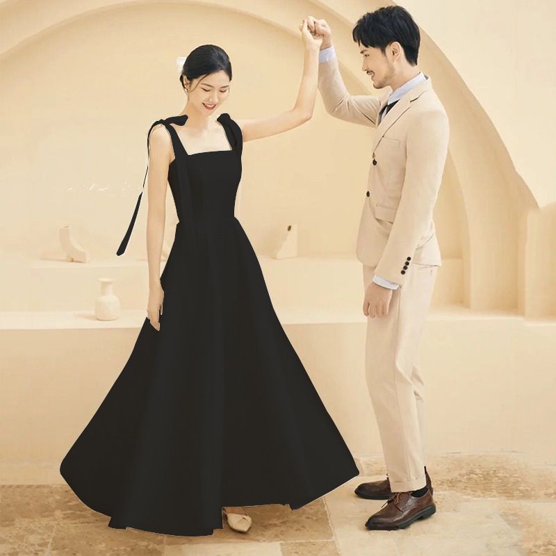 Women's Clothing Light Satin Wedding Dress Floor Length High End Feel Ethereal Square Neck Halter Top Travel Photography Forest Theme Bridal Gown_ecoleips.com