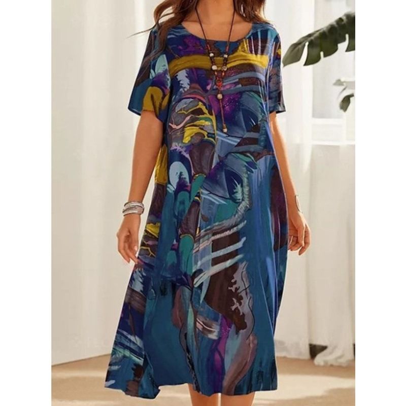 European And American Fashion Cross Border 2022 Casual Printed Dress for Women Summer Short Sleeve Loose round Neck Wide Long Skirt_ecoleips.com