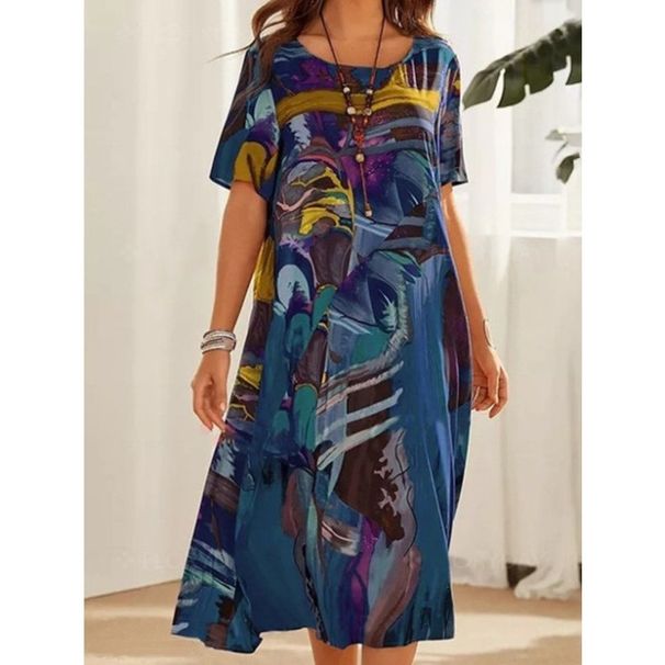 European And American Fashion Cross Border 2022 Casual Printed Dress for Women Summer Short Sleeve Loose round Neck Wide Long Skirt_ecoleips.com