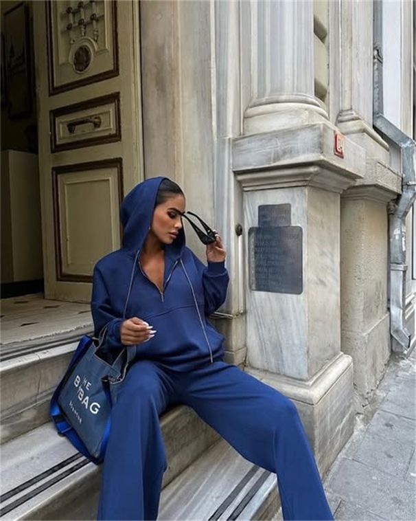 Women's Clothing Cross Border Women's Fashion Solid Color Long Sleeved Hooded Sweatshirt Trousers Suit Casual Half Open Sweatshirt Two Piece Suit_ecoleips.com