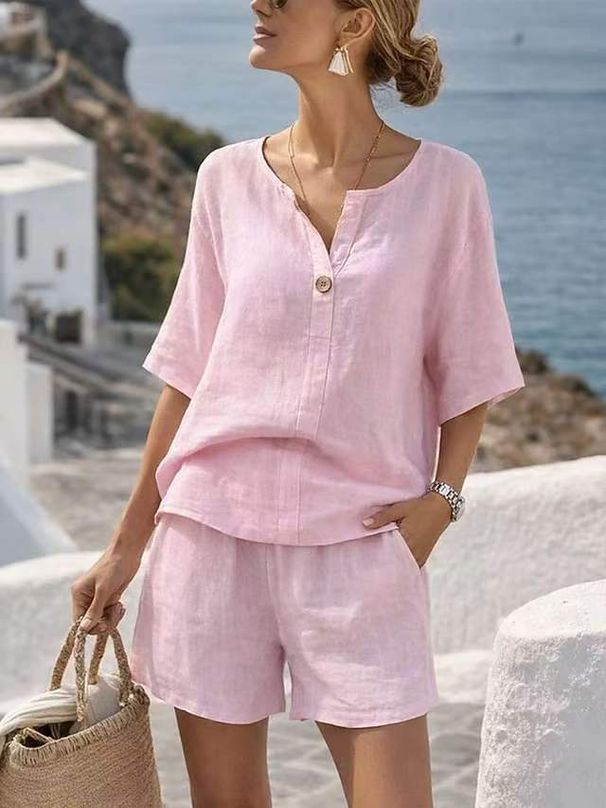 Women's 2 Piece Loose Fit V Neck Short Sleeve Linen Top And 5/8 Straight Leg Pants Set – Casual Resort Outfit For Summer_ecoleips.com