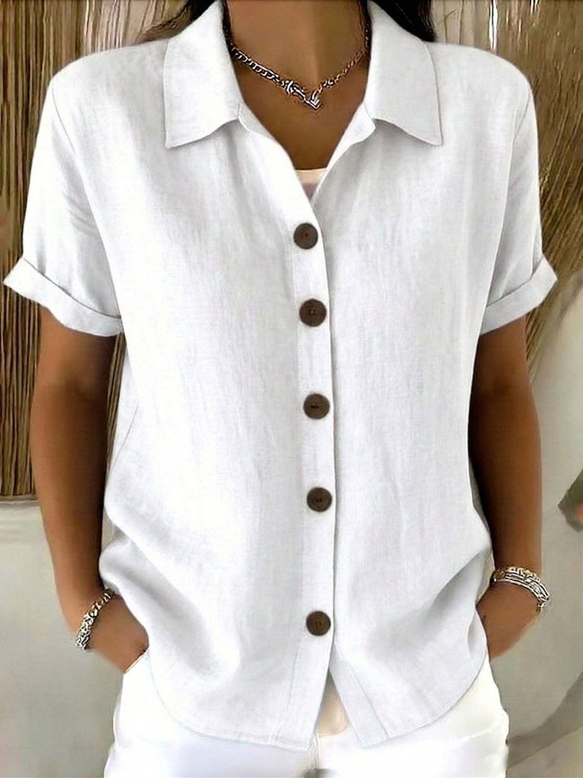 Women's Short Sleeve Button-Up Shirt – Elegant Solid Color Lapel Collar Blouse For Summer Casual & Office Wear_ecoleips.com